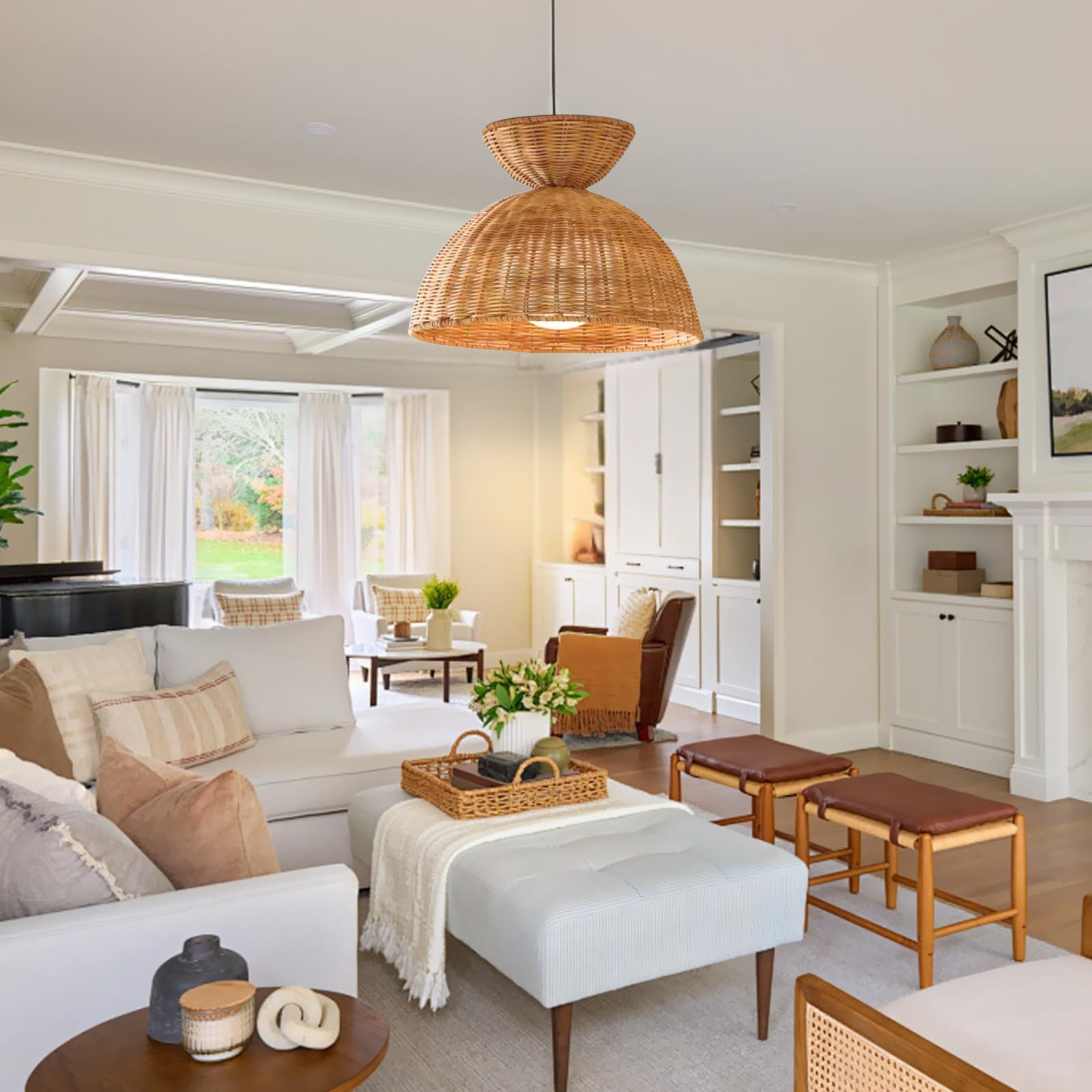 Minimalist natural rattan semi-flush light for modern living rooms