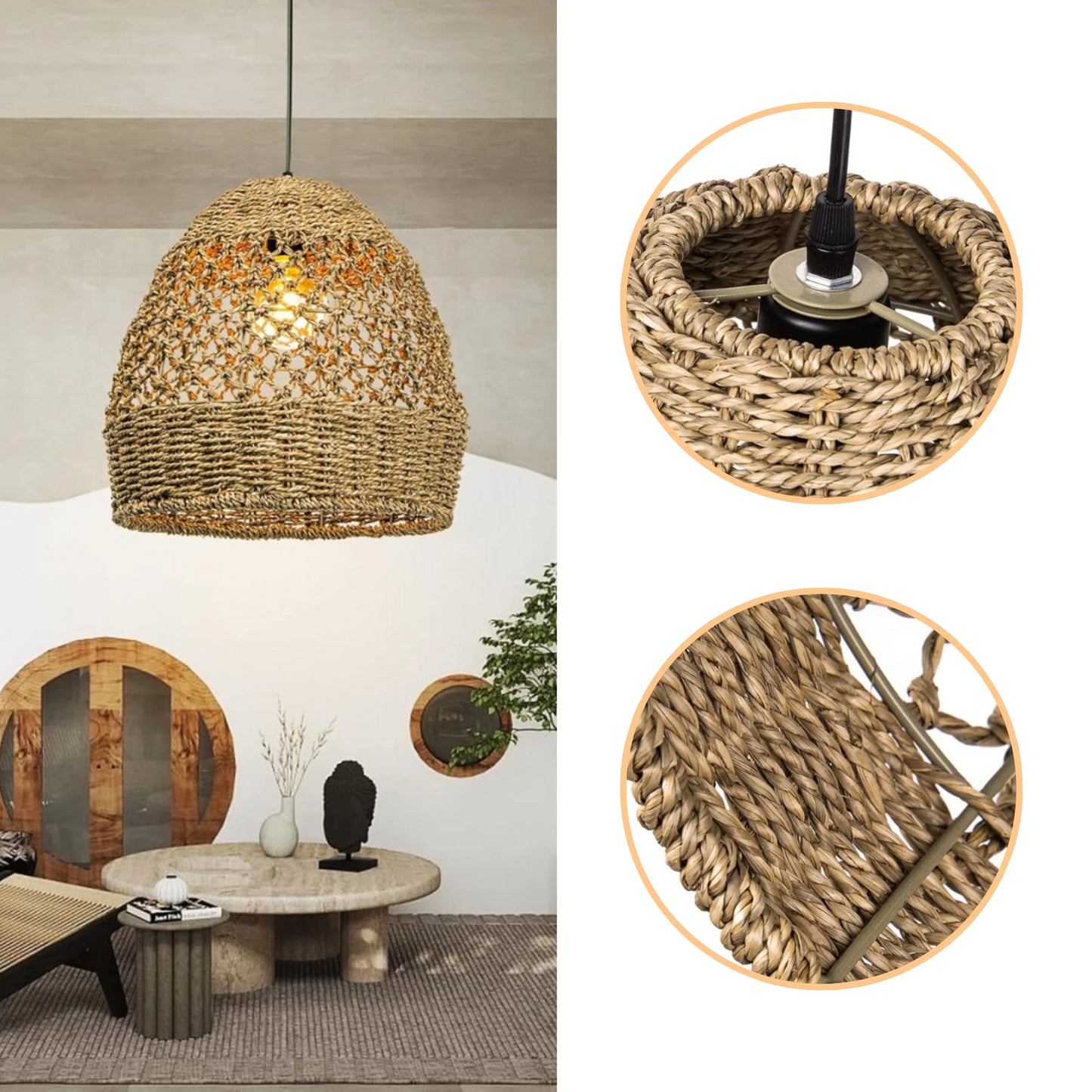 Minimalist design natural seagrass pendant light with warm glowing light
