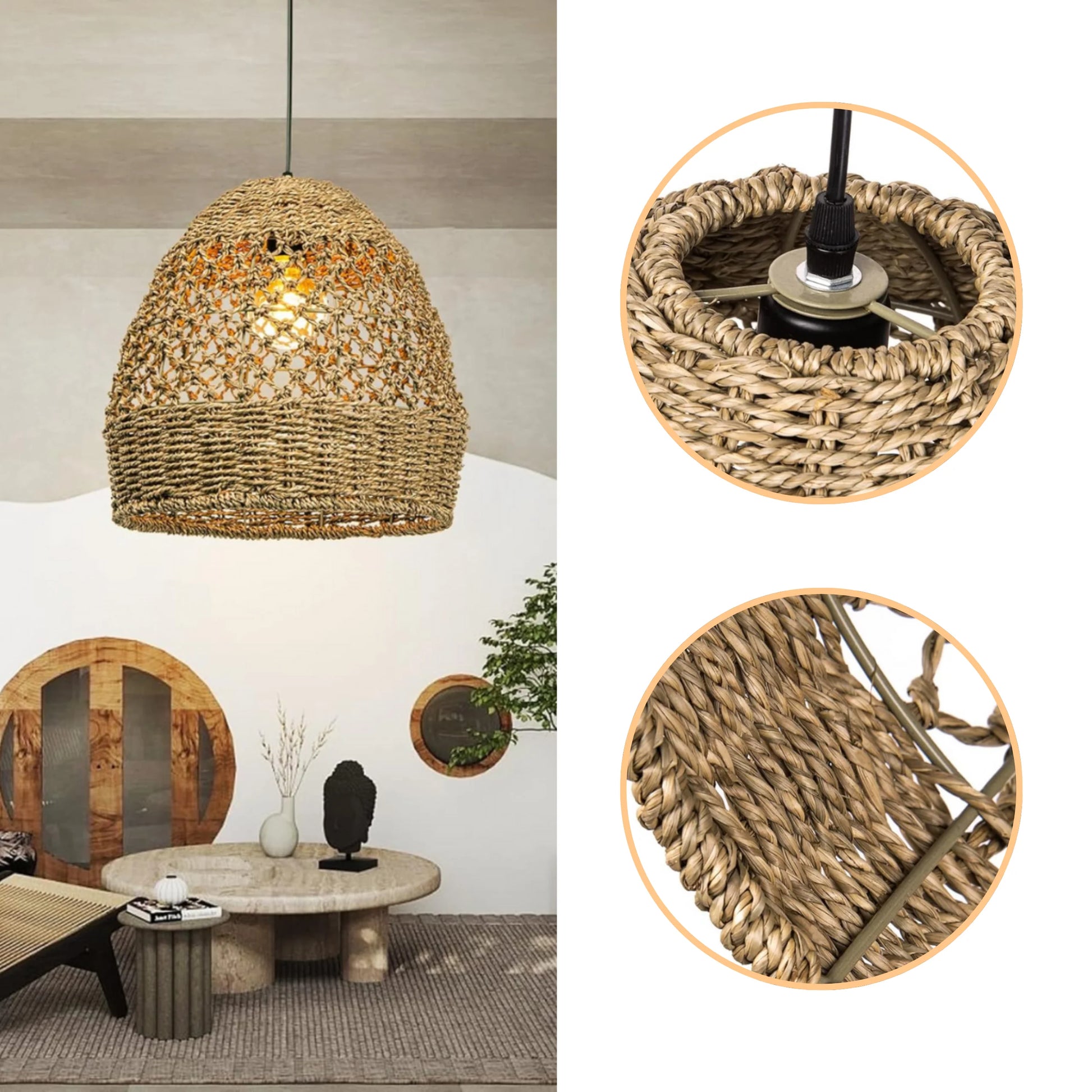 Minimalist design natural seagrass pendant light with warm glowing light