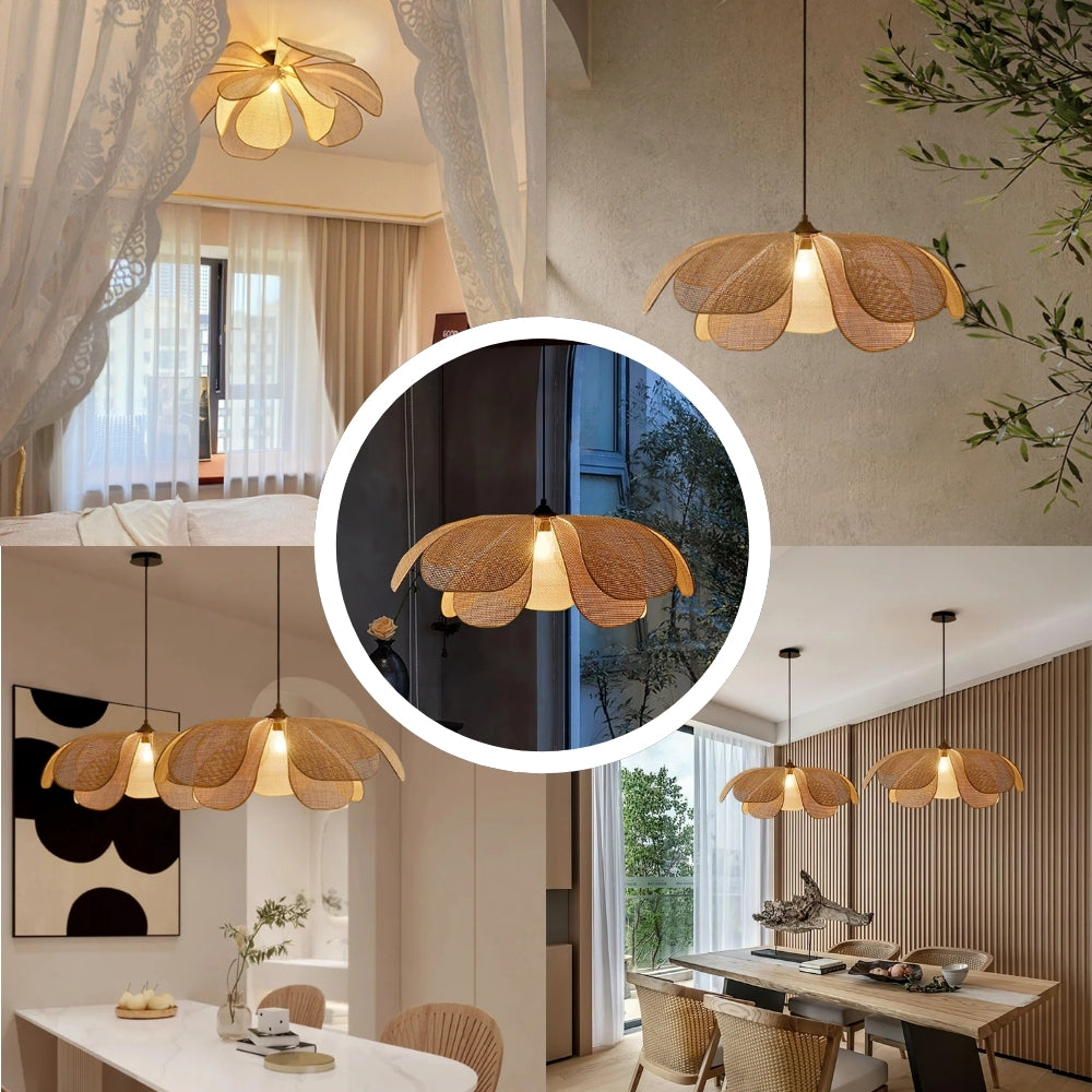 Modern woven floating blossom lamp with delicate curved segments and a dark slender cord hanging under a neutral ceiling setup.