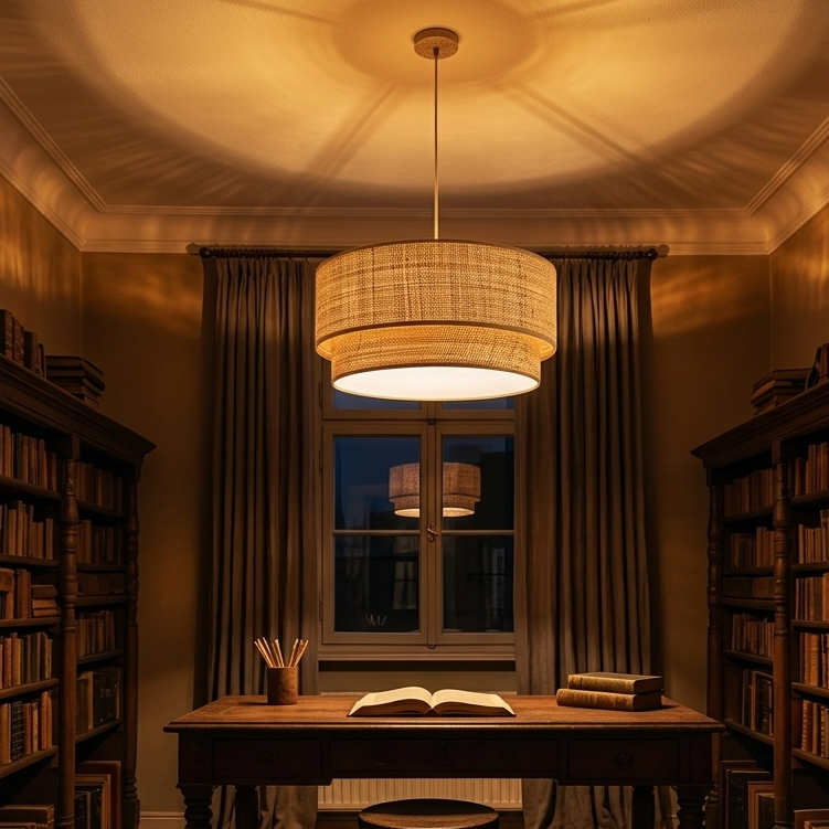 A minimalist Quiet Luxury  rattan flush mount light that creates a calm, focused, and productive atmosphere for a modern home office workspace.