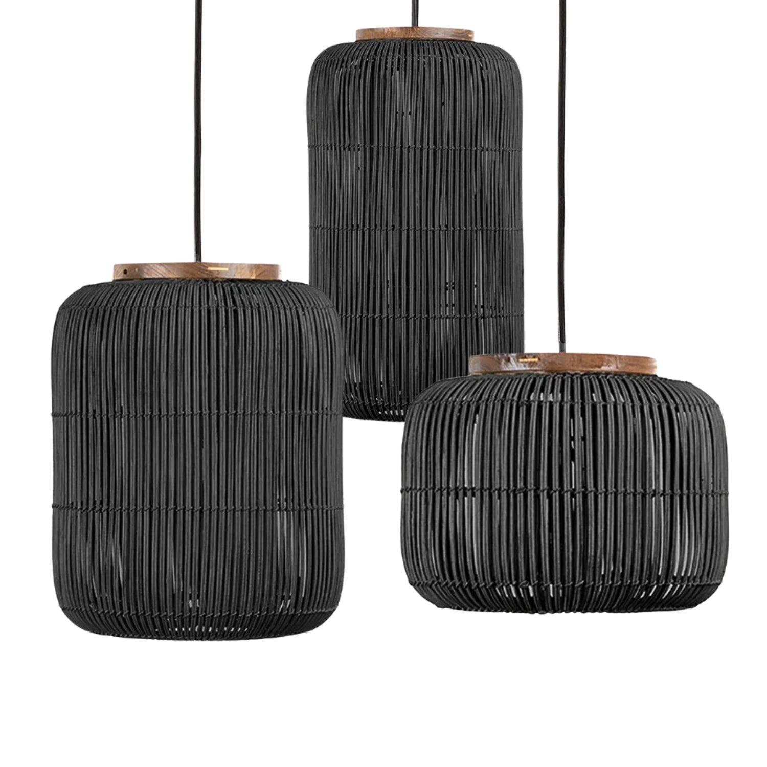 Contemporary wicker cage chandelier with light glowing from within a natural reed handwoven frame.