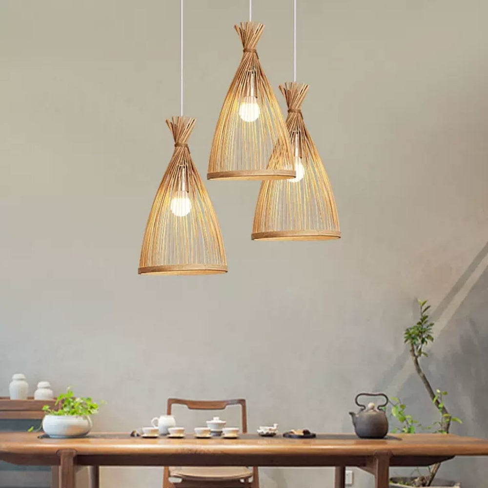 Minimalist natural rattan hanging lamp with rustic bamboo structure