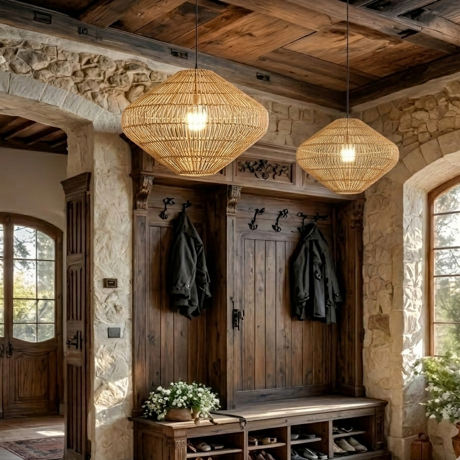Chic entryway light, simple dark rattan pendant lamp for minimalist home entrances.