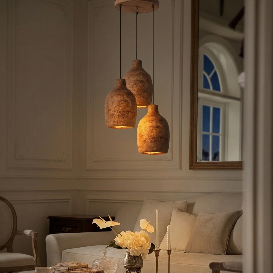 Organic stone-effect pendant light as a living room statement piece
