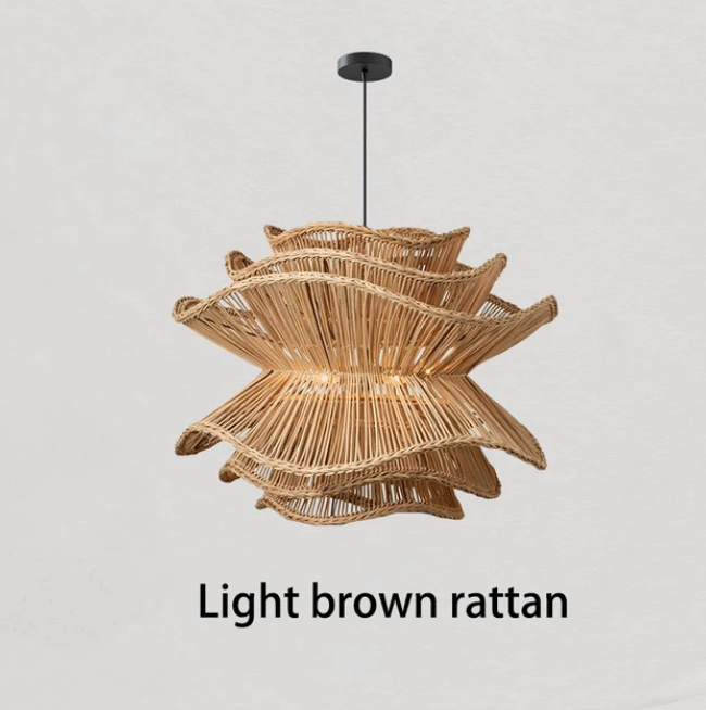 Minimalist tiered ruffle rattan pendant light on a white studio background for modern home lighting.