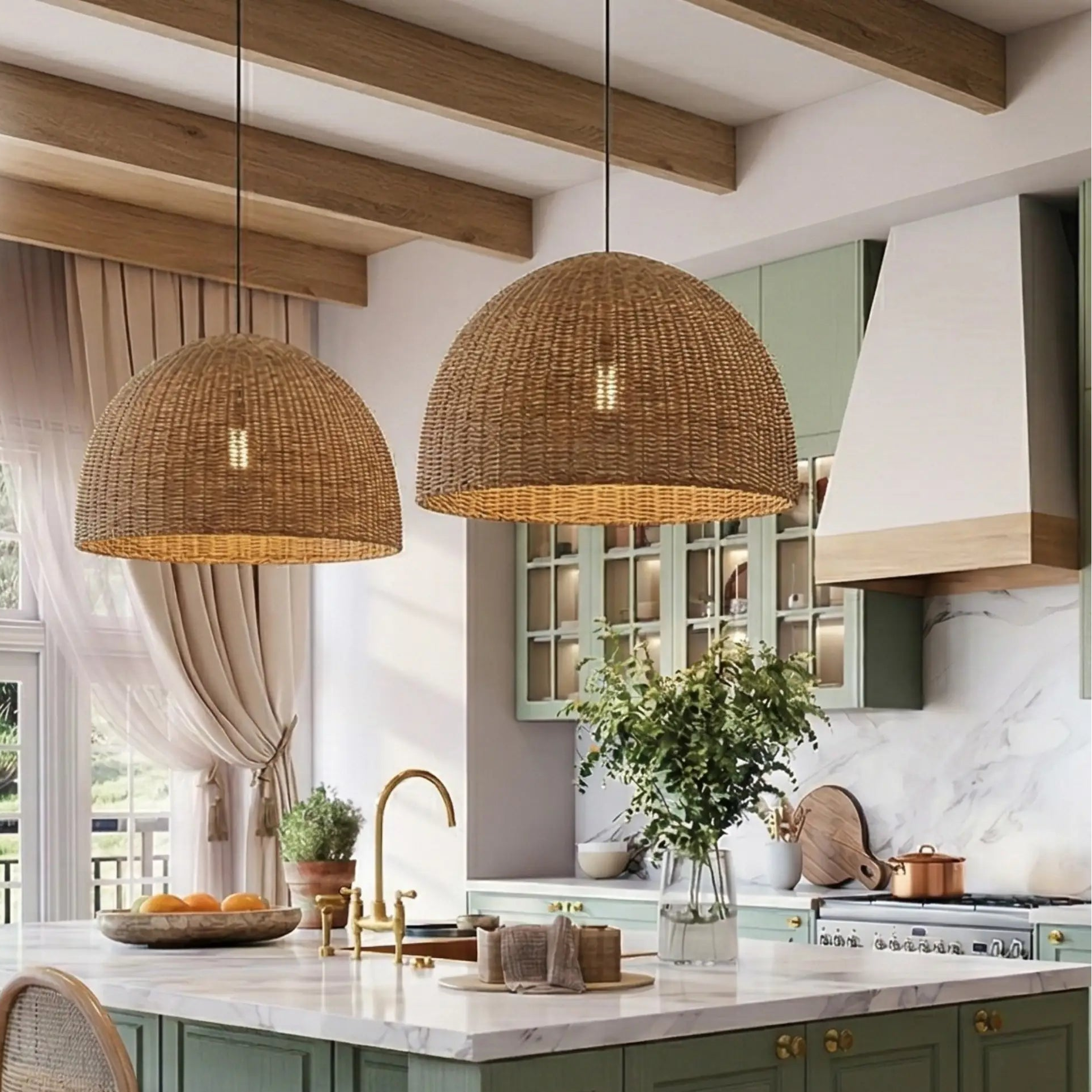 Minimalist woven island light for a natural kitchen island aesthetic