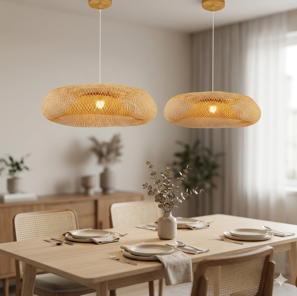 Contemporary earthy ceiling fixture crafted from natural rattan, creating a minimalist statement piece.