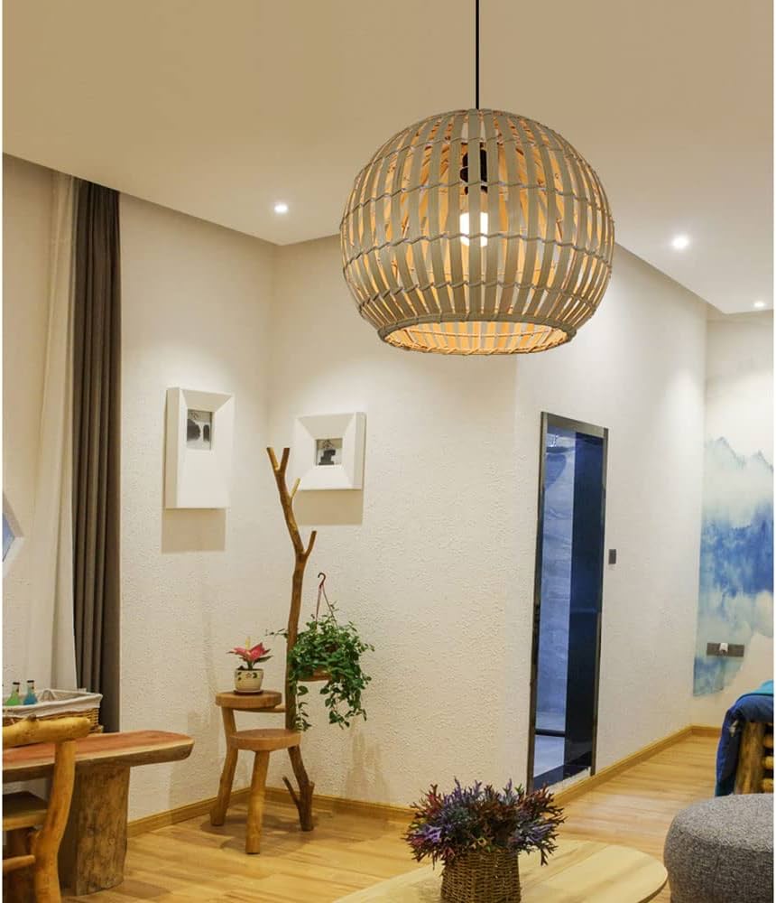Minimalist woven sphere hanging lamp for a serene Japandi style living space