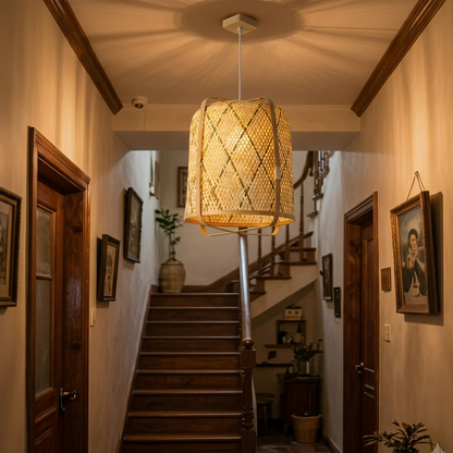 Decorative hallway hanging lamp, minimalist bamboo style for home entry, cylindrical frame.