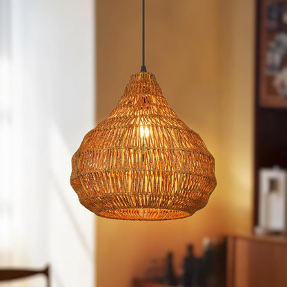 Modern boho style jute hanging lamp shade perfect for creating a cozy, earthy ambiance