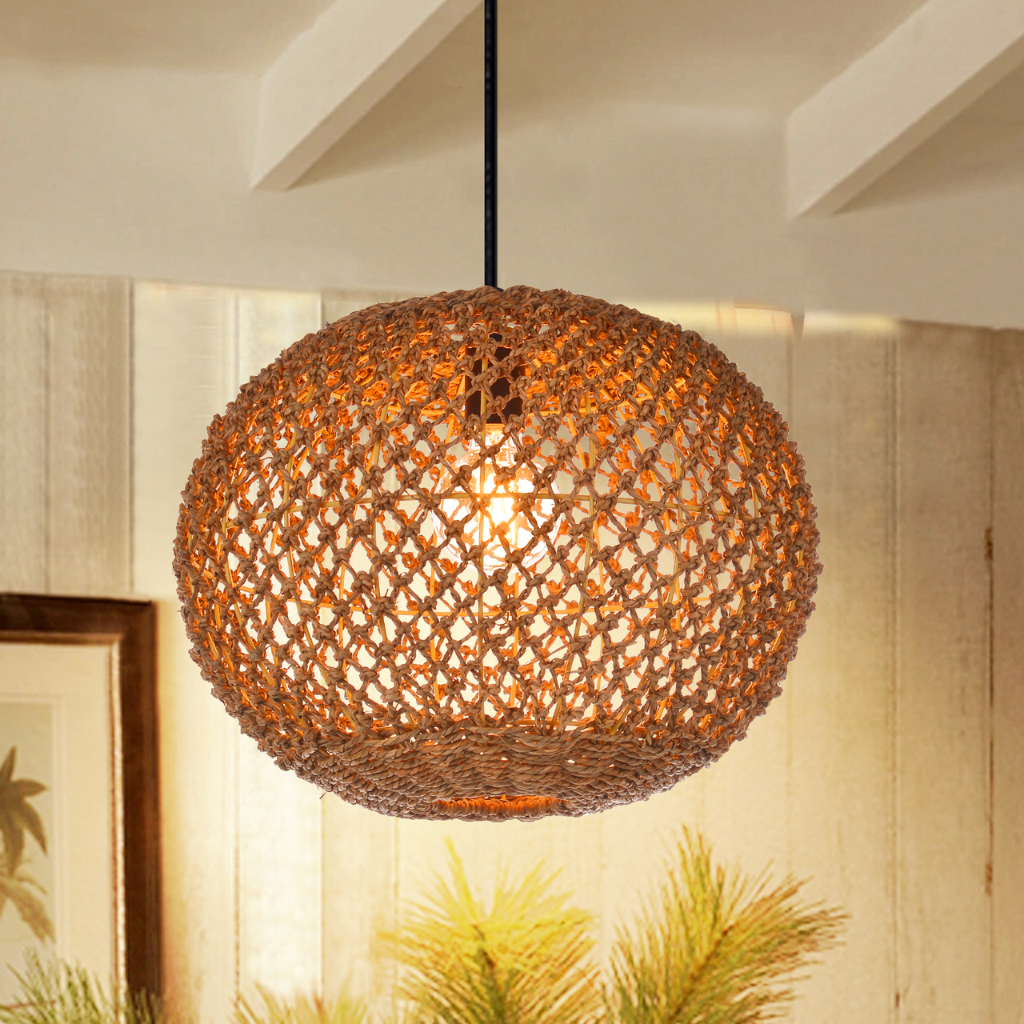 Modern boho style jute sphere hanging lamp perfect for creating a warm, earthy atmosphere