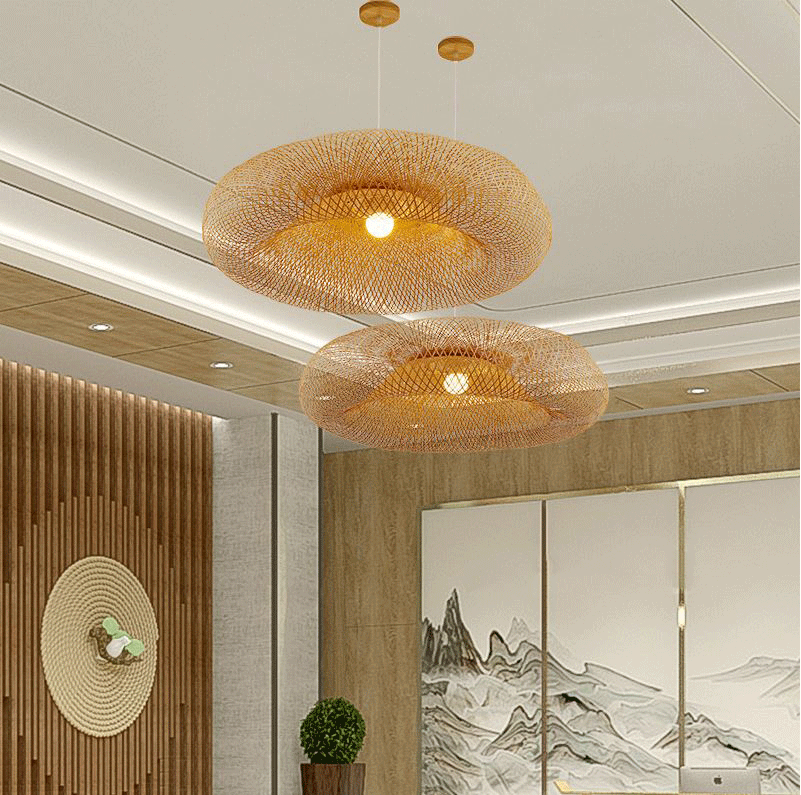Modern boho rattan pendant shade made from sustainable natural fibers reflecting a warm radiant light pattern.
