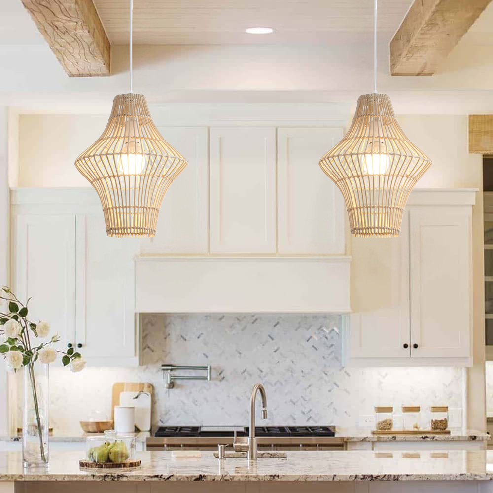 Modern boho style woven hanging lamp perfect for cozy kitchen island lighting