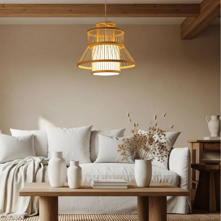 Modern farmhouse bamboo hanging lamp blending natural texture with modern design
