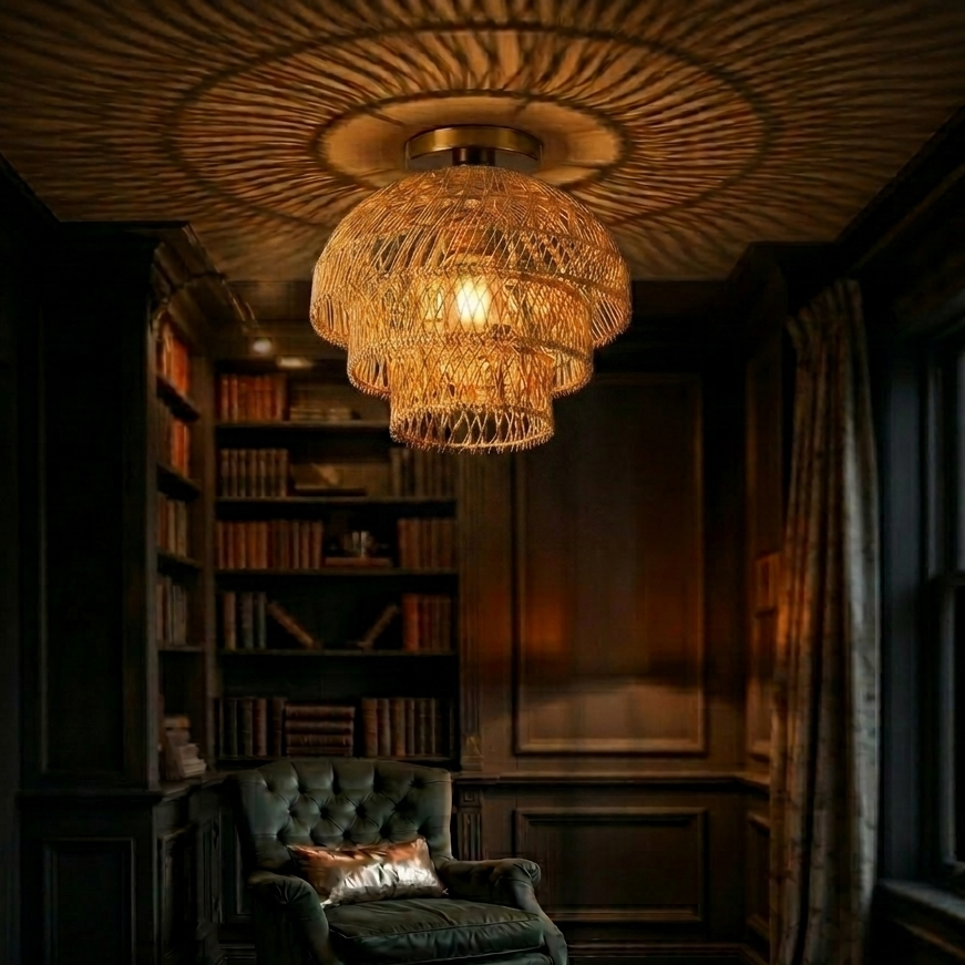 Modern farmhouse bamboo tiered ceiling fixture blending rustic texture with contemporary brass accents.