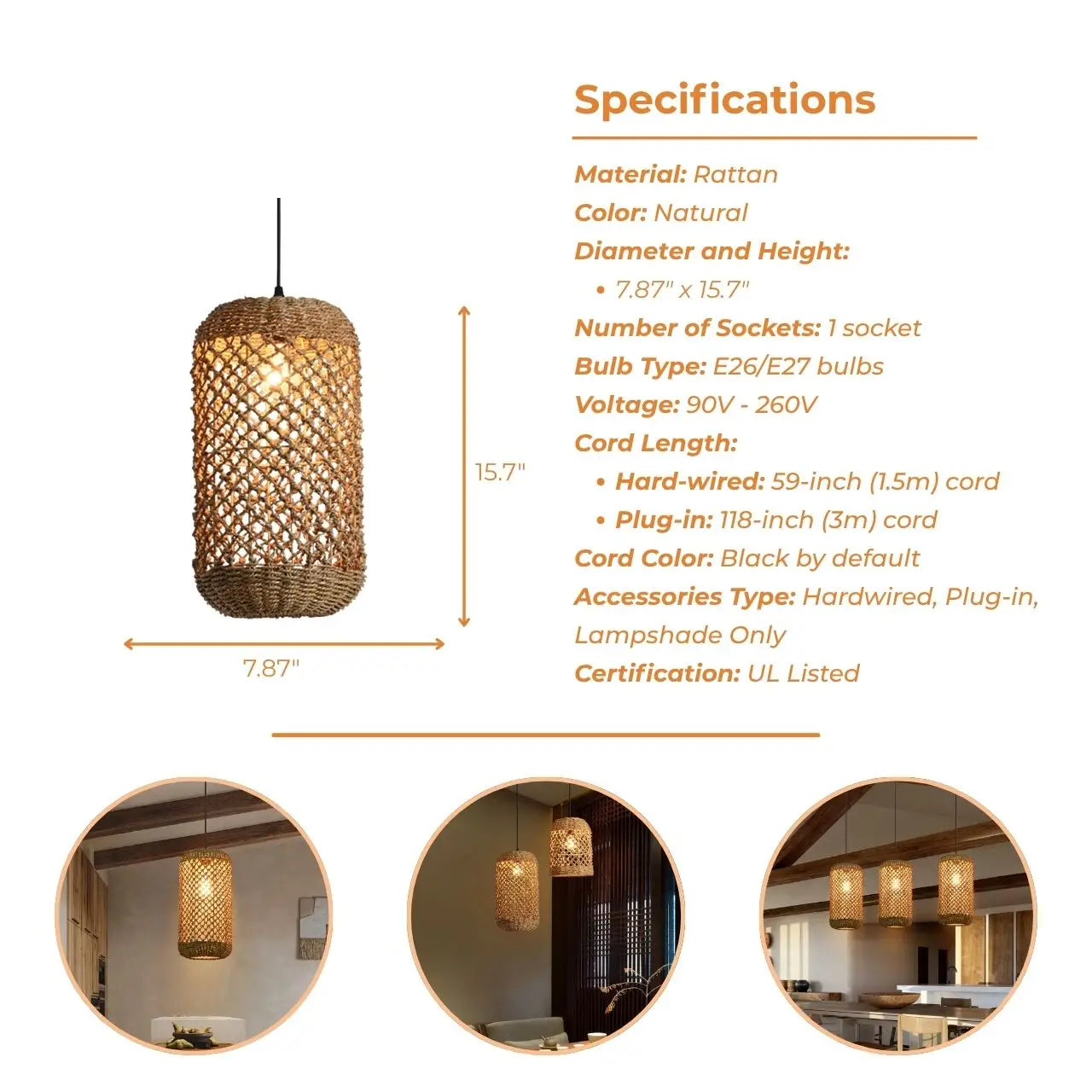 Modern farmhouse style jute net pendant lamp suspended in room