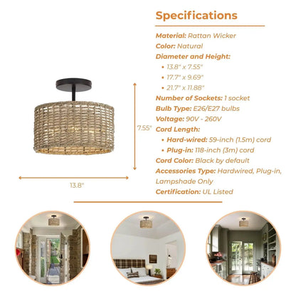 Modern farmhouse rattan drum ceiling light that brings rustic warmth and contemporary charm to modern spaces.