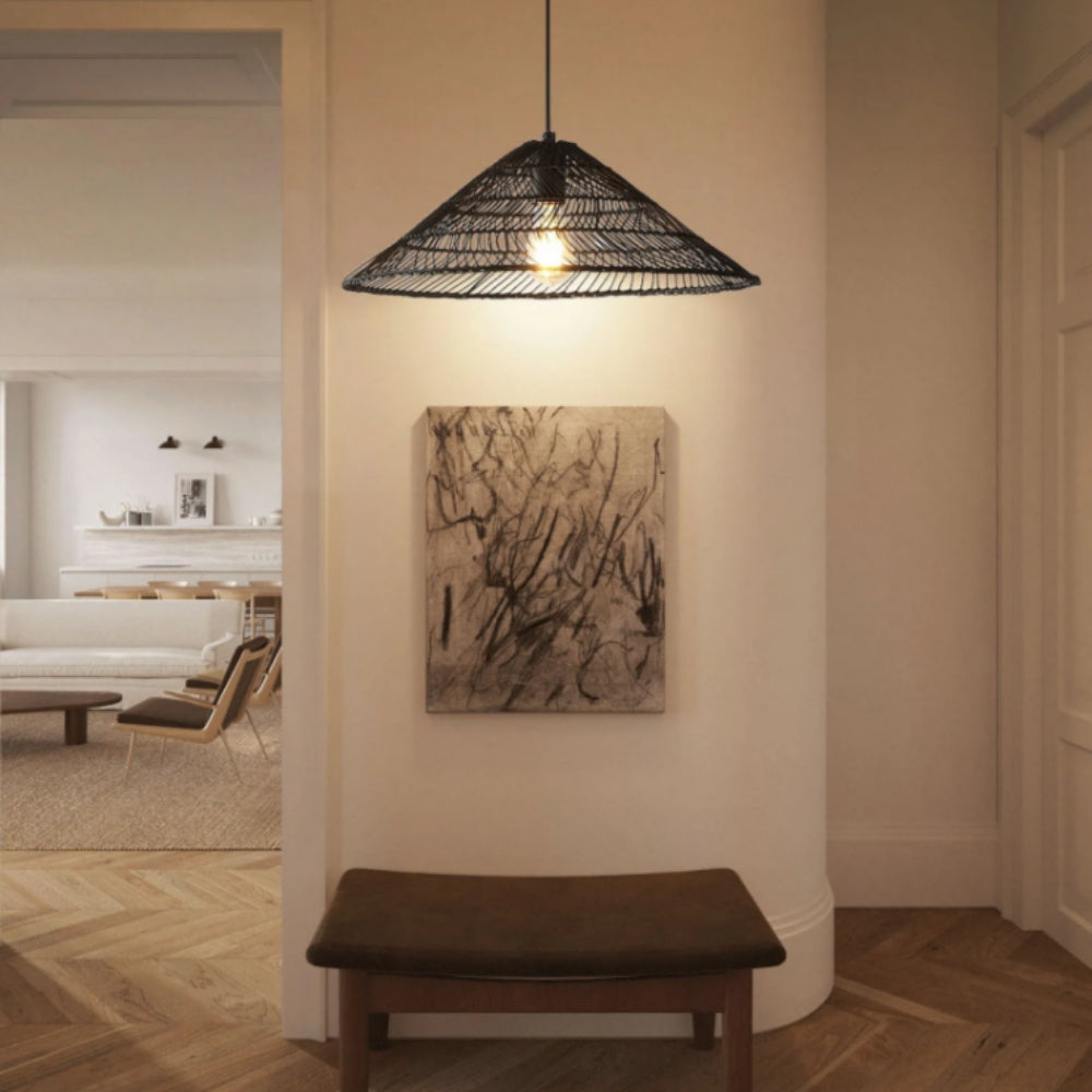 Modern industrial flat cone hanging lamp, natural finish