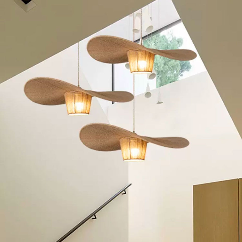 Modern Japandi natural rattan pendant light with unique hat-inspired design