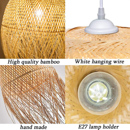 Modern Japandi woven bamboo pendant lamp featuring natural fringe detail