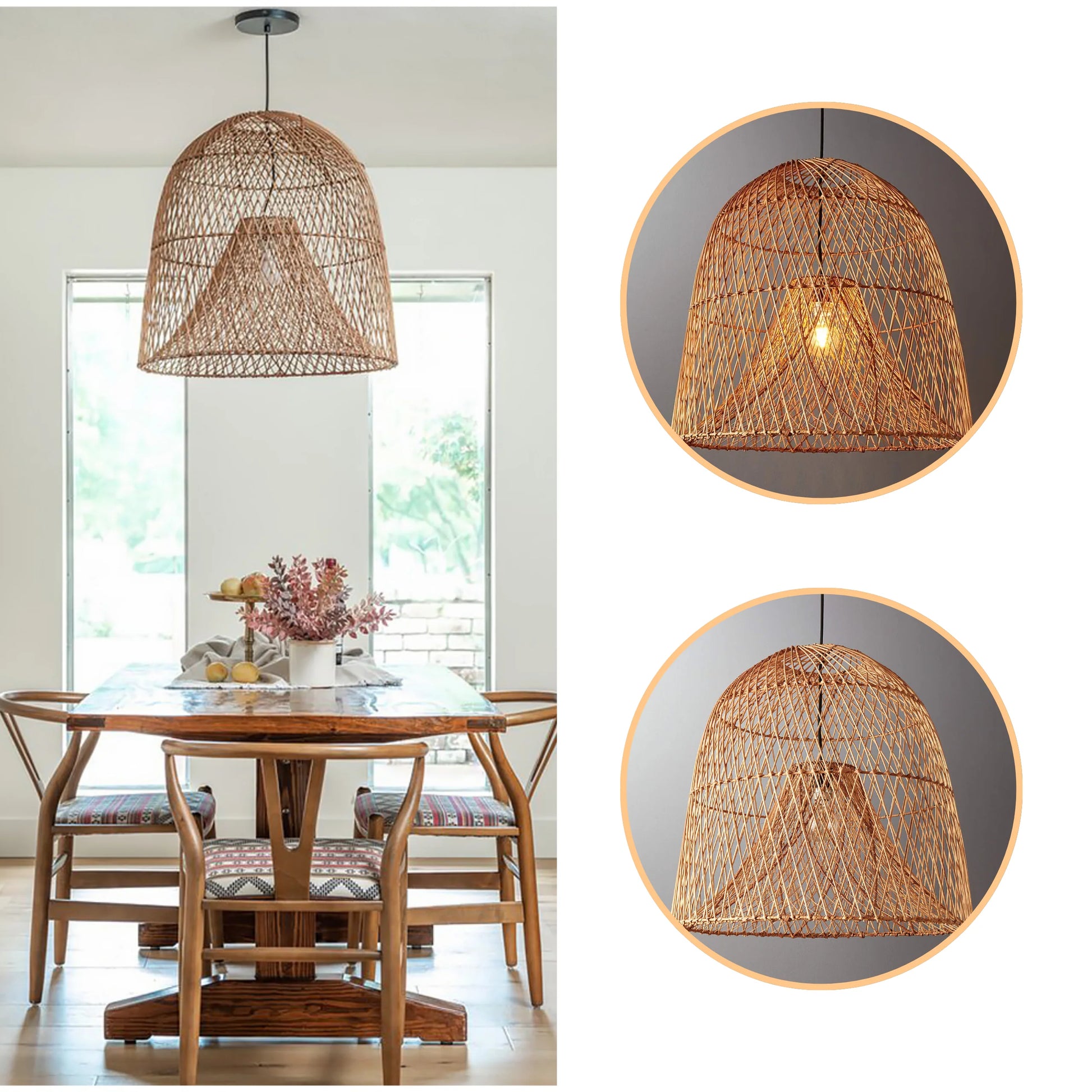 Modern Japandi woven rattan chandelier offering elegant diffused light