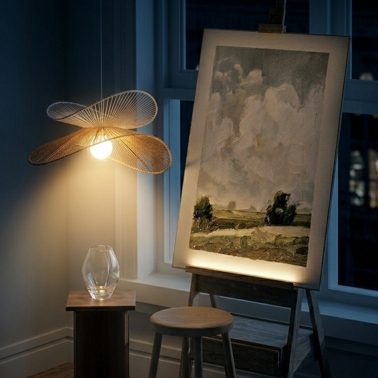 Modern minimalist hemp fiber hanging lamp in Japandi interior