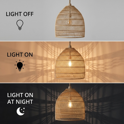 Modern Scandi-rattan bell pendant light, perfectly blending Nordic minimalism with warm natural fibers.