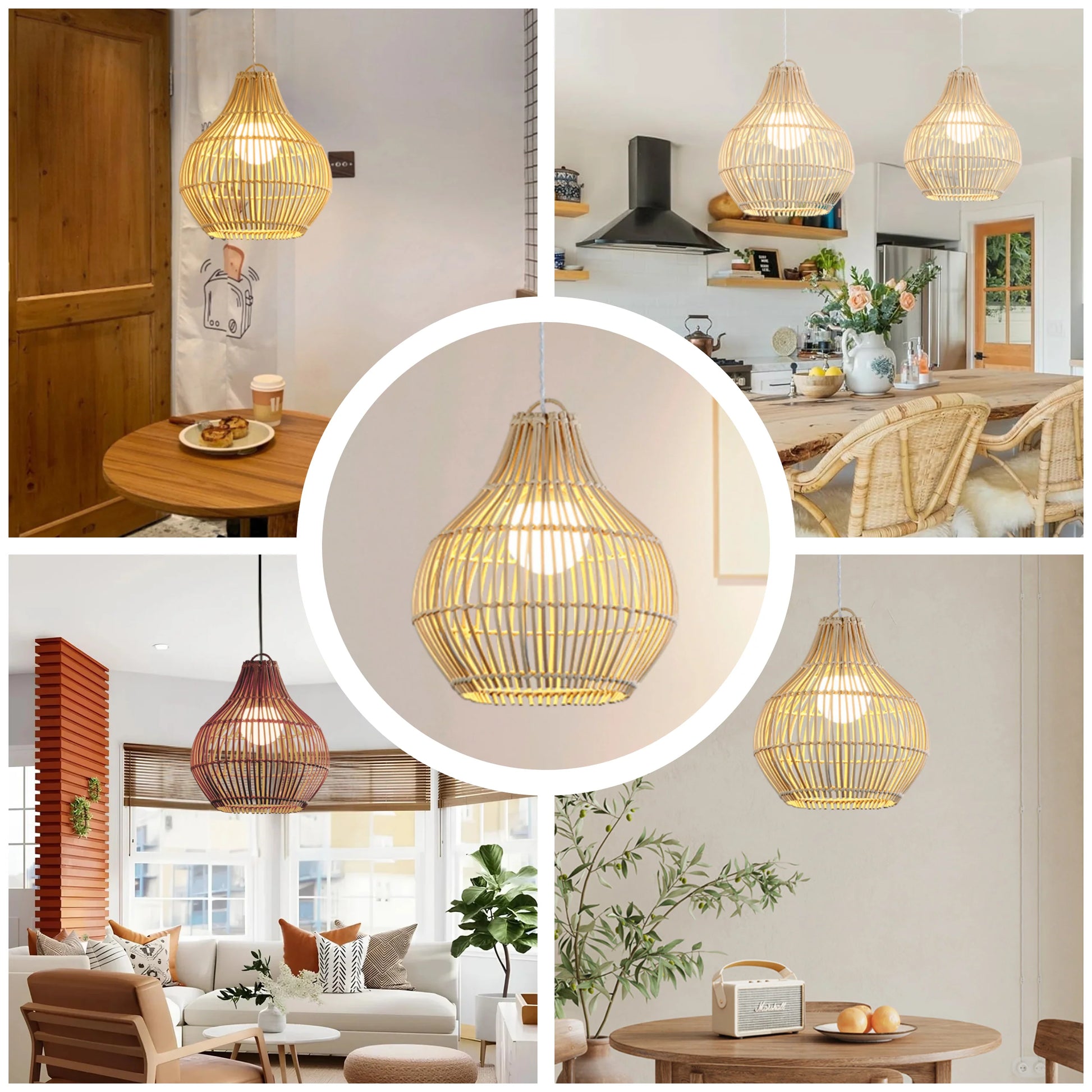 Scandinavian style wicker pendant lamp in natural rattan finish