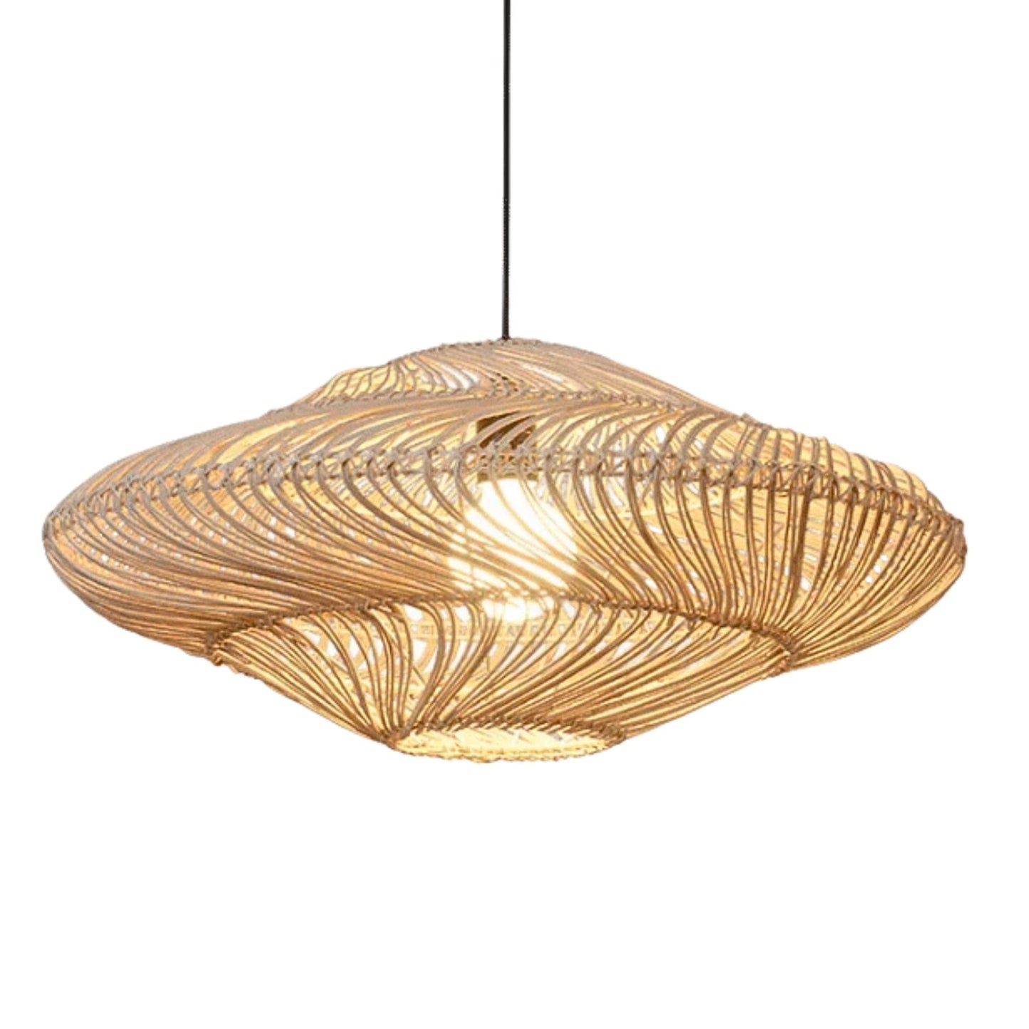 Modern wave rattan pendant light with visible light bulb creating an inviting atmosphere over a dining area.