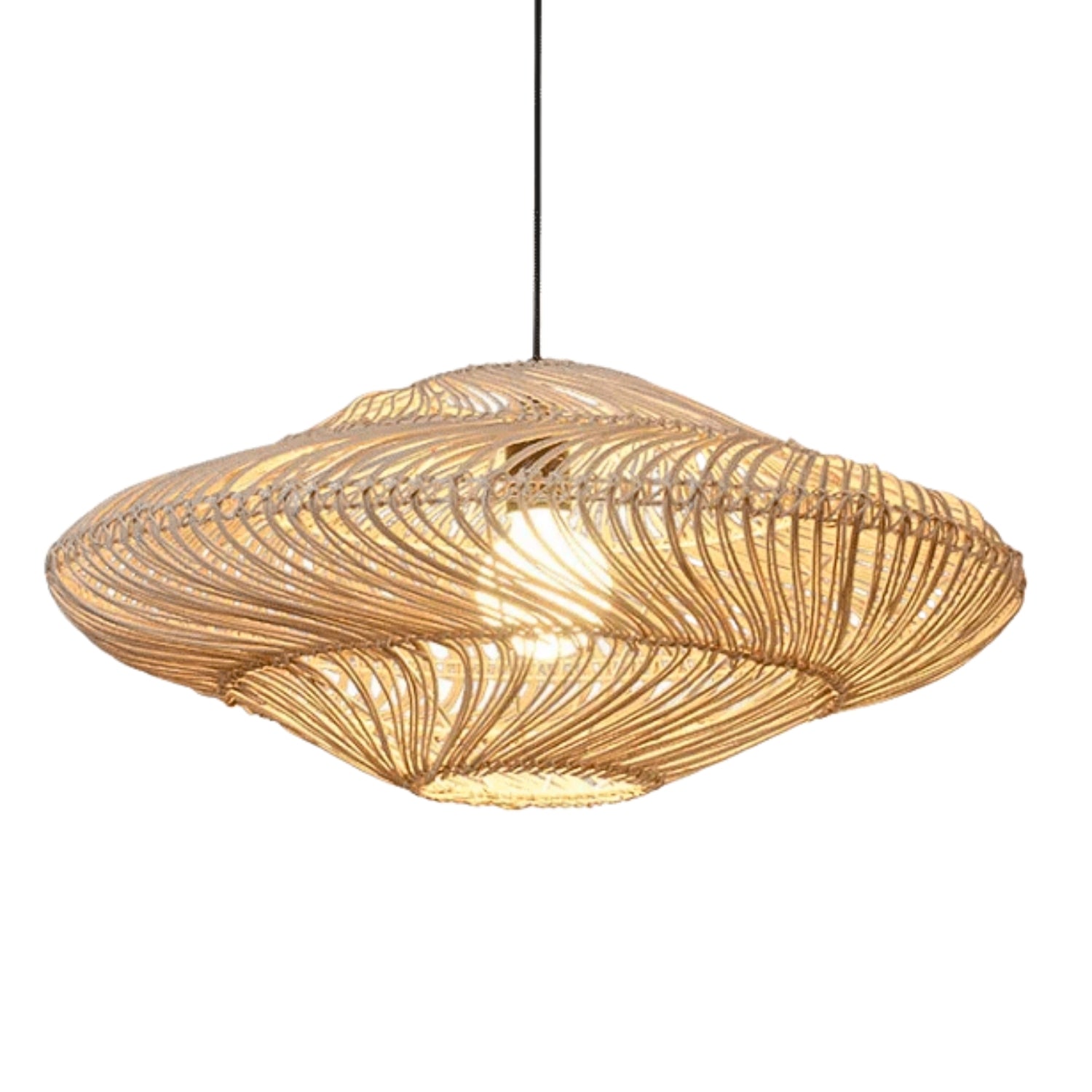 Modern wave rattan pendant light with visible light bulb creating an inviting atmosphere over a dining area.