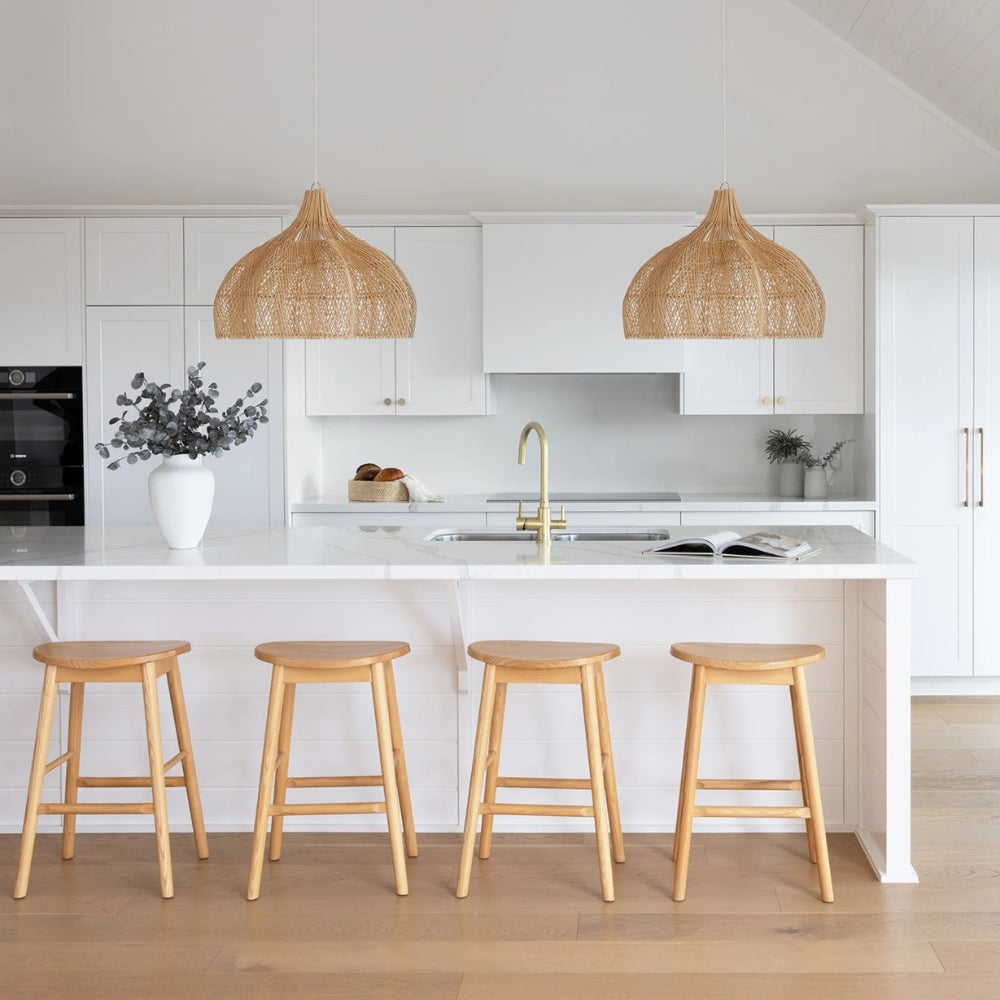 Aesthetic wide brim kitchen light styled perfectly in a warm neutral interior with a traditional Japanese shoji screen background.