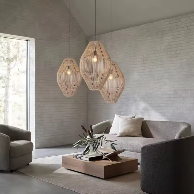 Narrow profile bamboo hanging lamp with a sleek oval silhouette, ideal for hanging in pairs over a Living Room
