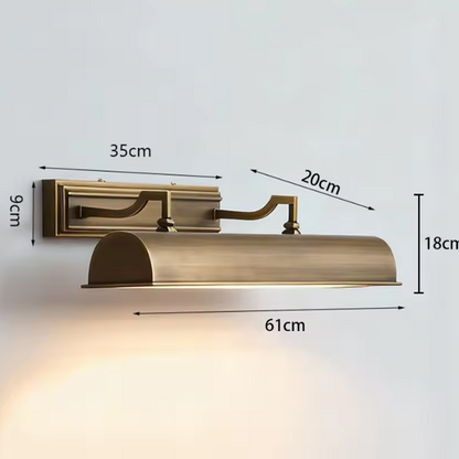 A wall-mounted brass fixture with dimension callouts showing 35cm width, 20cm arm length, 9cm backplate height, 18cm total height, and 61cm light beam width against a plain light background.