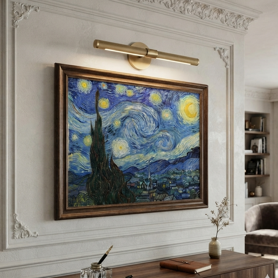 A framed Van Gogh-style wall art print depicting a swirling blue and yellow night sky over a dark cypress tree and village, hung on a white decorative wall above a wooden console in a styled interior room.