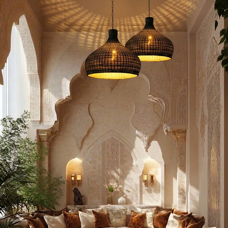 morocco style woven bamboo chandelier adding a relaxed and exotic vibe to any space.