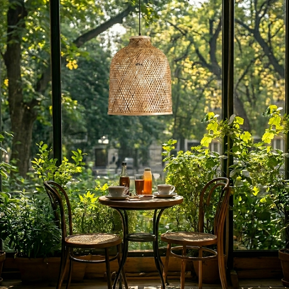 Modern natural bamboo ceiling light illuminating a stylish bar counter in a luxury resort.