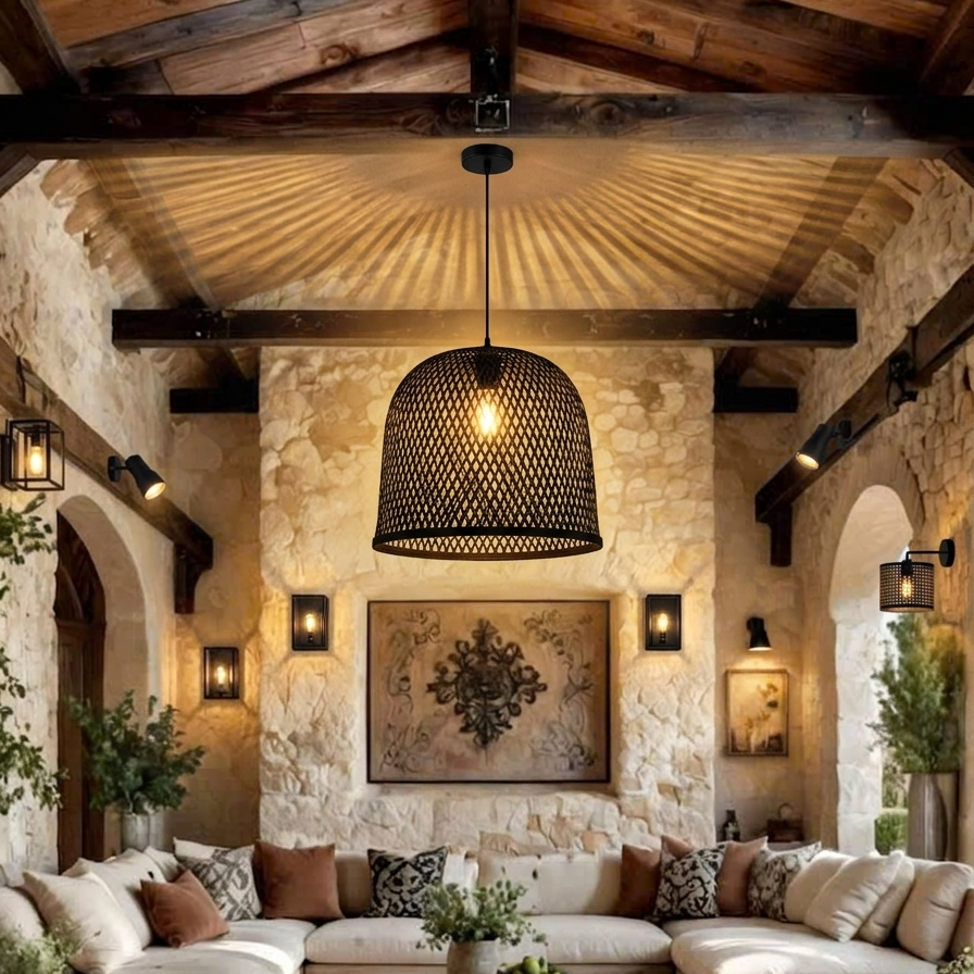Natural bamboo pendant light creating a cozy and warm atmosphere in a living room.