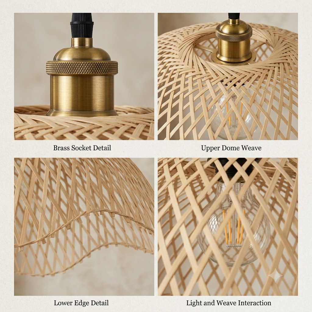 Handcrafted bamboo pendant fixture, organic look for eco-conscious households.