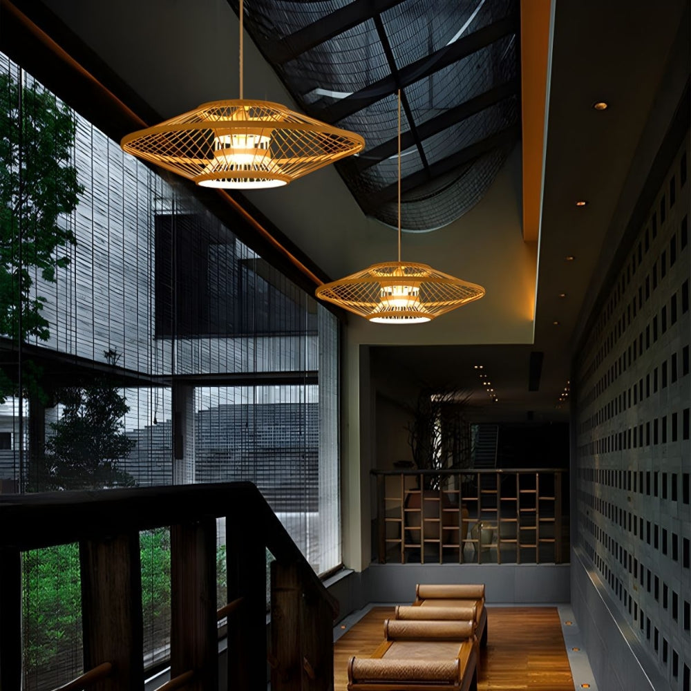 Natural bamboo UFO-shaped hanging light showcasing an organic woven texture