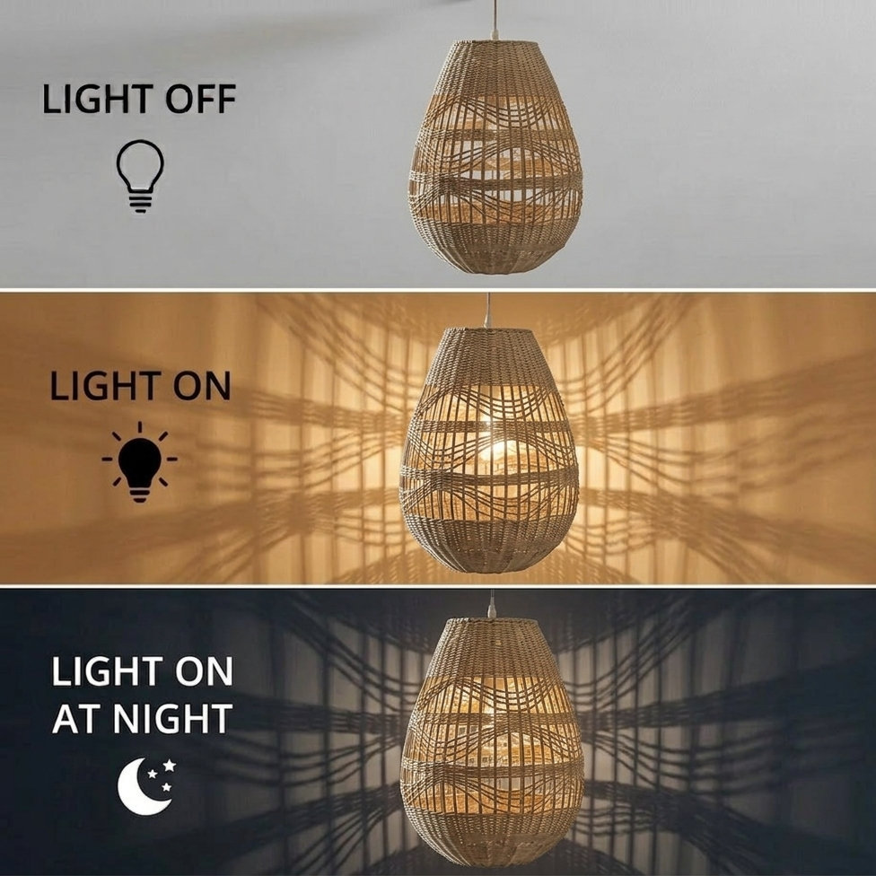 Natural botanical rattan glow pendant fixture, enhancing a healthy indoor climate with organic materials.
