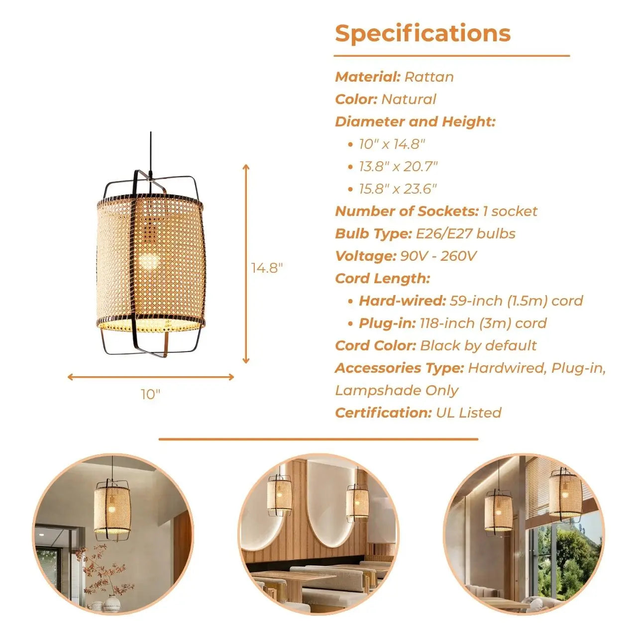 Natural cane weave pendant lamp featuring a durable black steel cage design