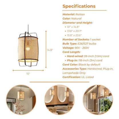Natural cane weave pendant lamp featuring a durable black steel cage design