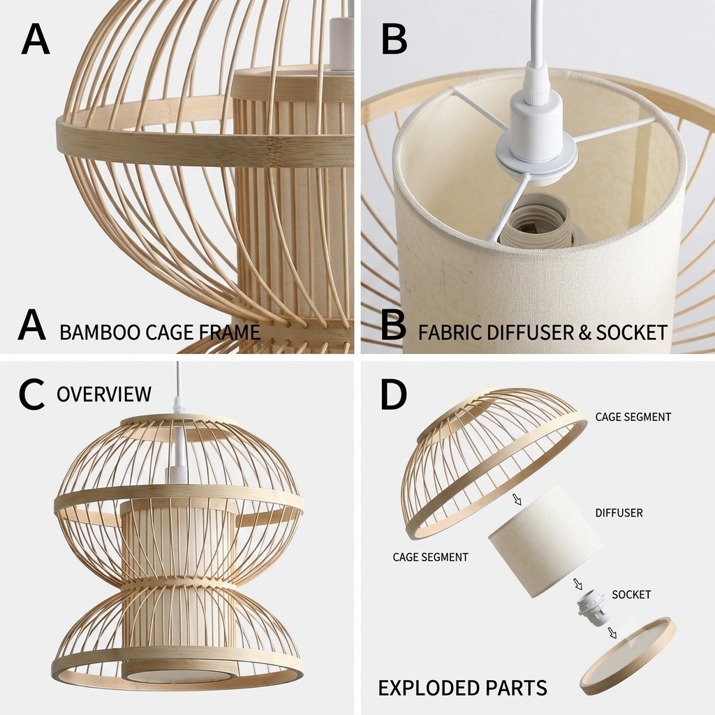 Hand-carved bamboo pendant lamp, natural finish for healthy and sustainable living.