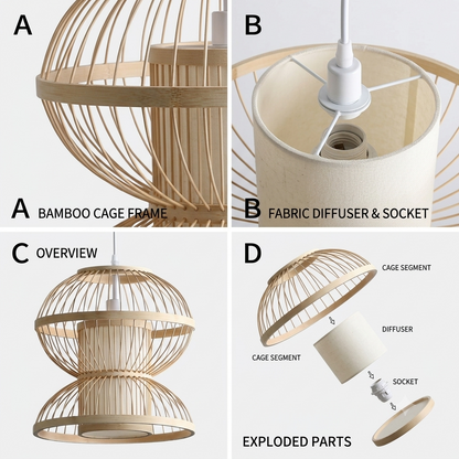Hand-carved bamboo pendant lamp, natural finish for healthy and sustainable living.