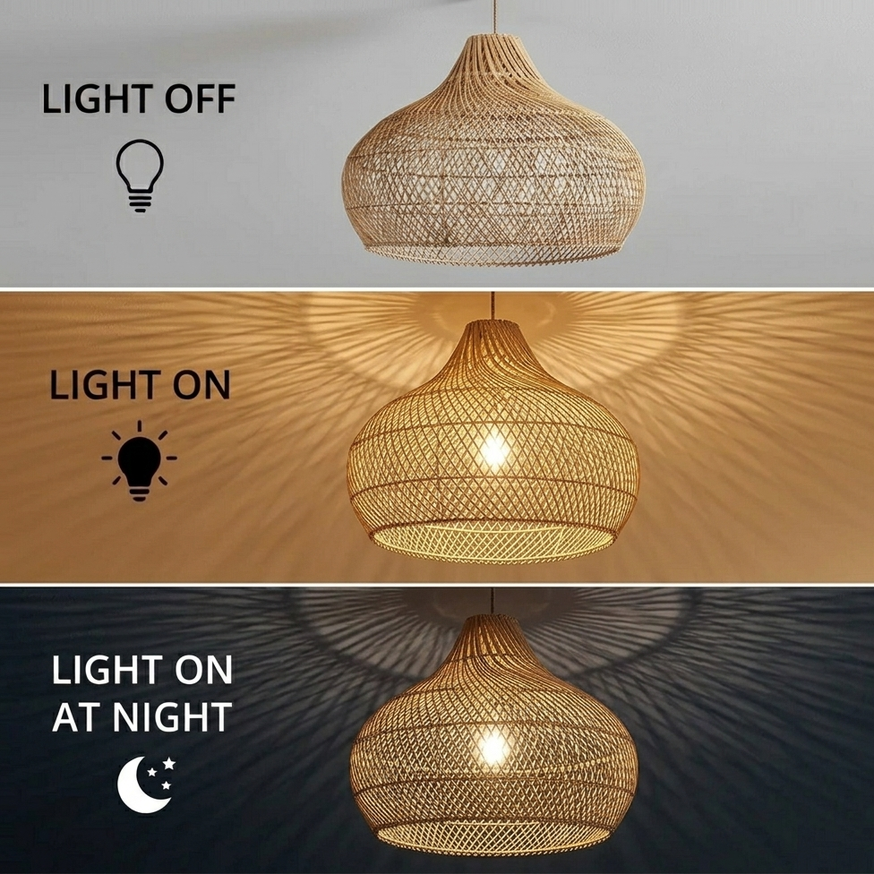 Natural hand-formed rattan weave lamp, a non-toxic and healthy lighting solution for your home.