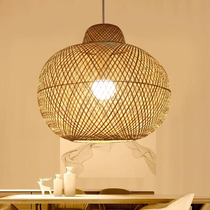 Natural bamboo pendant light, handcrafted with sustainable materials for healthy homes, spherical silhouette.