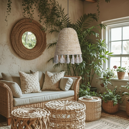 A natural hyacinth tassel pendant light serving as a stylish statement centerpiece in a living room.
