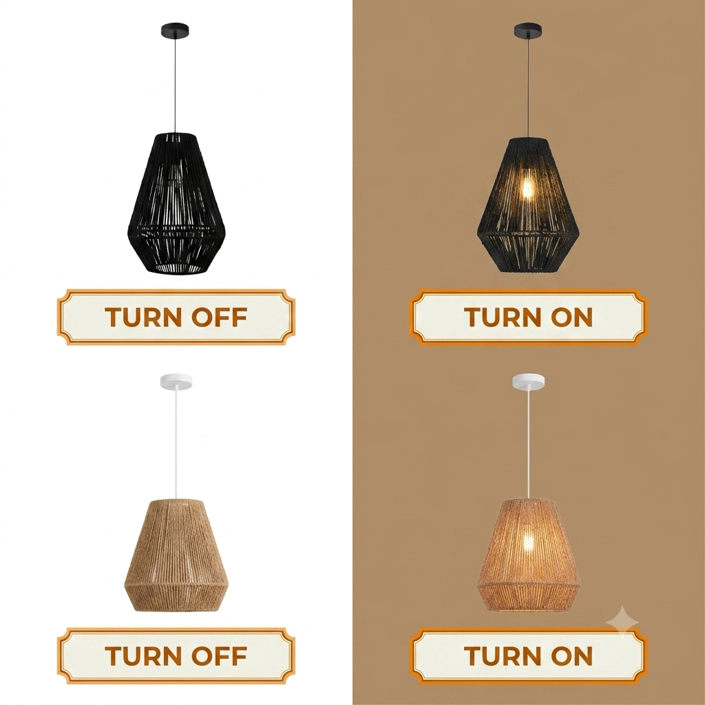 Modern natural jute ceiling light set illuminating a stylish bar counter in a luxury resort.