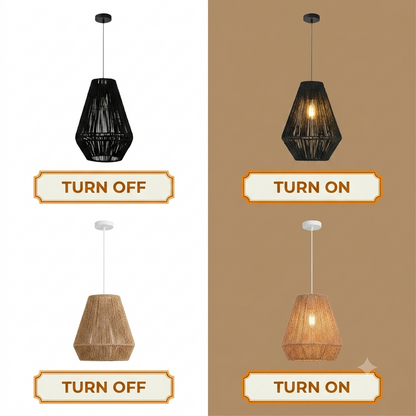 Modern natural jute ceiling light set illuminating a stylish bar counter in a luxury resort.